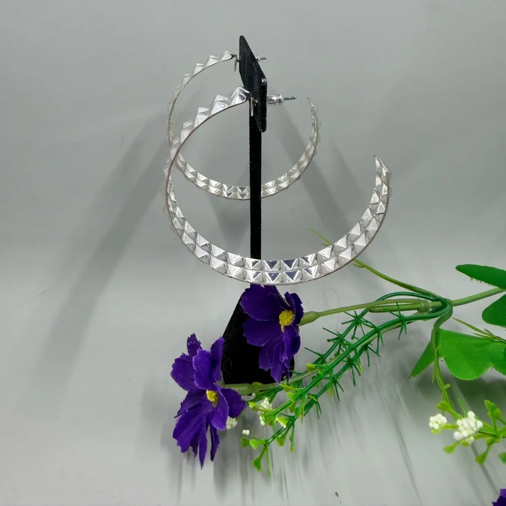Silver Studded Style Geometric Vintage Large Hoop Earrings - Picture 2 of 4